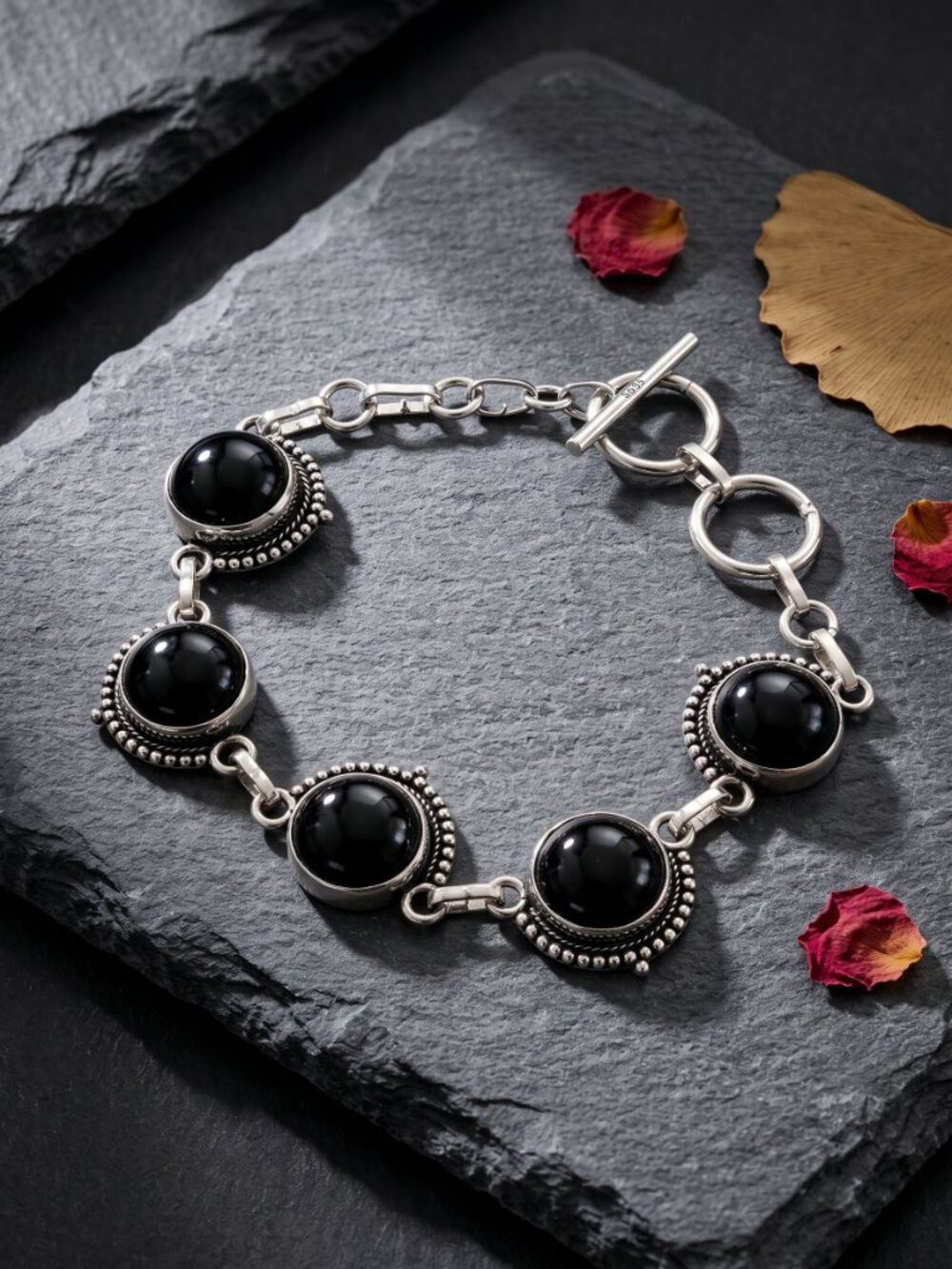 Black Onyx Toggle Bracelet 925 Sterling Silver Whimsigoth Dark Romance Fits 7-8"